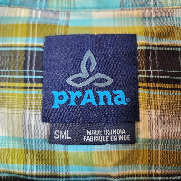 Prana Mens Small Plaid Casual Button Down Shirt Collar Logo Outdoors Blue Green - Picture 2 of 4